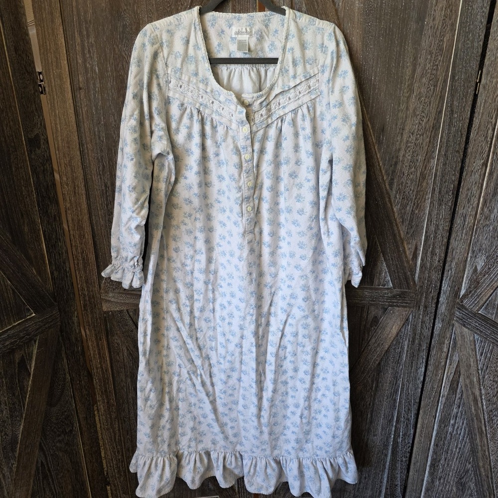 Adonna Nightgown Womens M Blue White Floral Lace Long Sleeve Sleep Dress Flannel